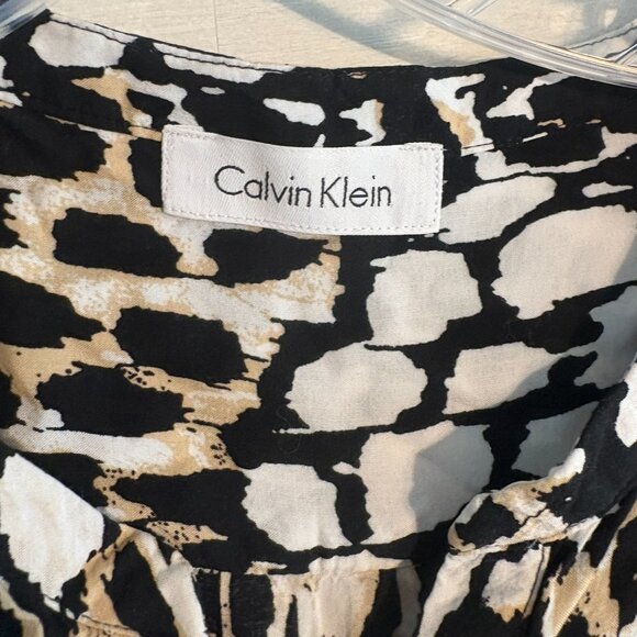 Calvin Klein Black Beige Animal Print Long Roll Tab Sleeves Buttons Up Shirt - Picture 3 of 7